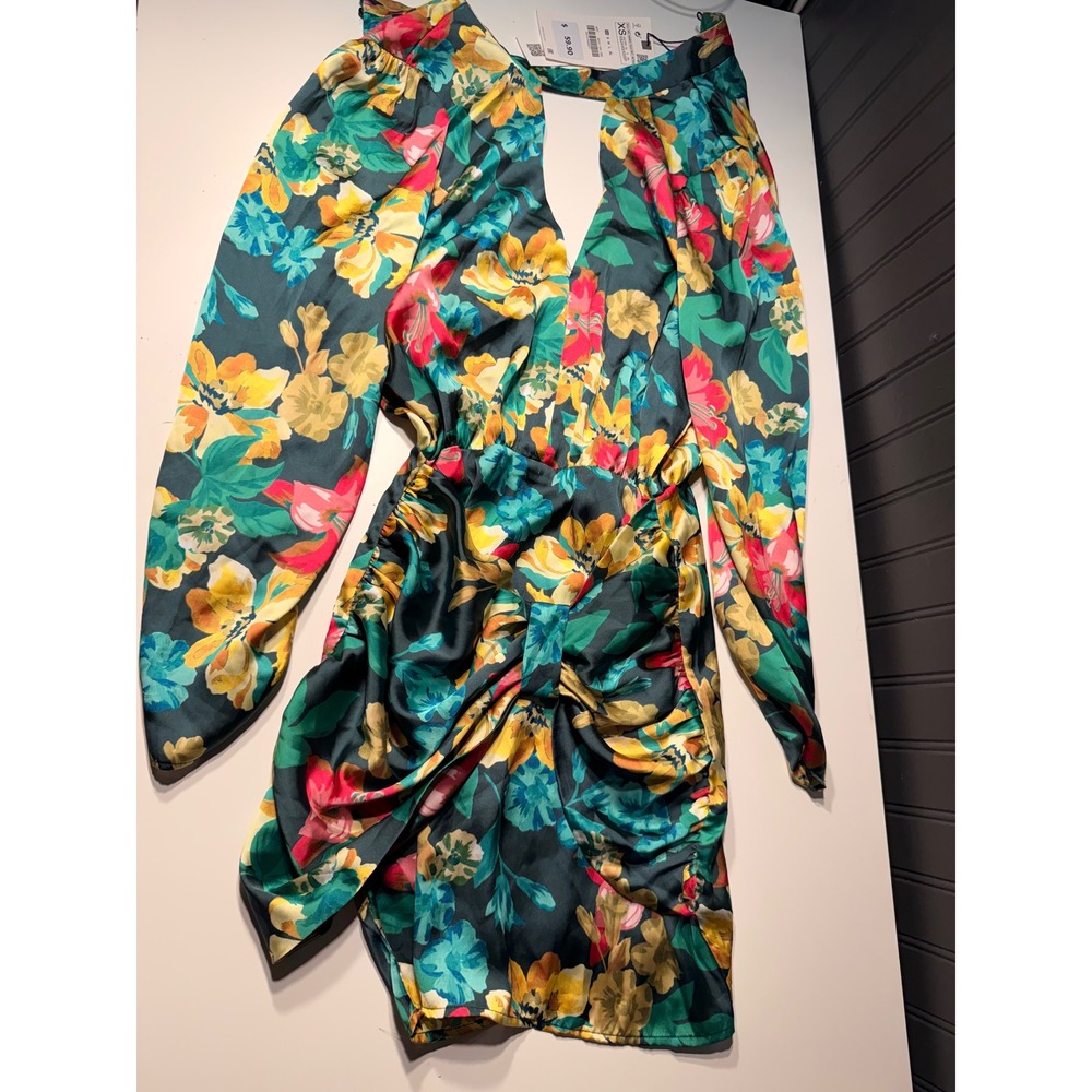 Zara Floral Mini Dress Long Sleeve Plunging V-Neck Open Back Teal XS 2210/104